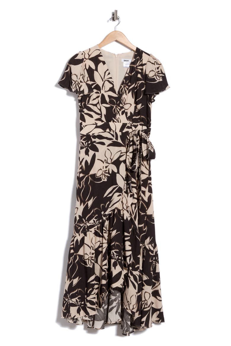Floral Flutter Sleeve Faux Wrap Dress, Alternate, color, BK/ LT CITY
