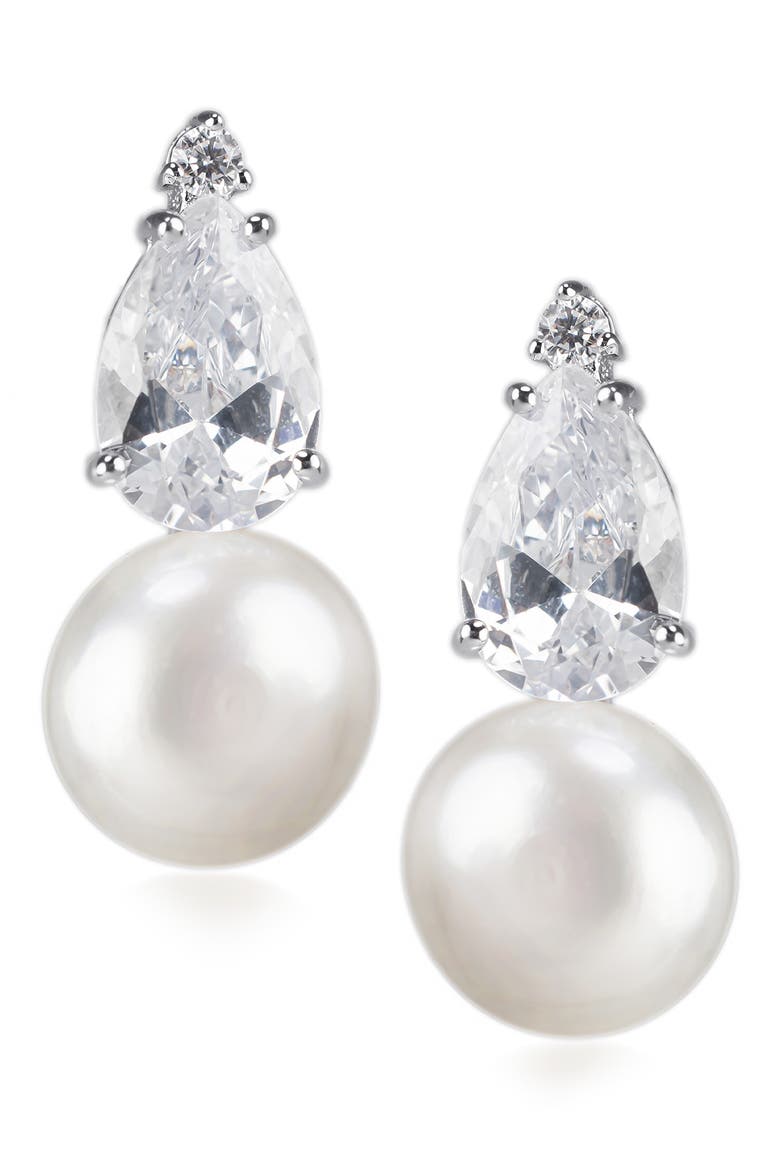 Pear Cubic Zirconia & Drop Imitation Pearl Earrings, Main, color, WHITE/CLEAR/SILVER