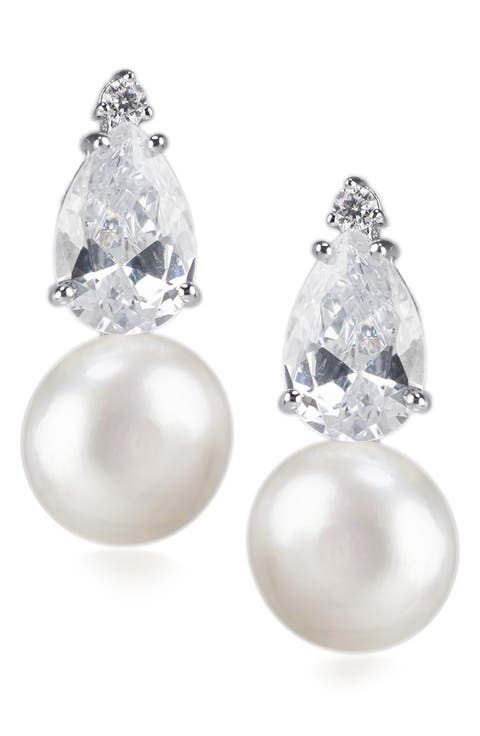 Pear Cubic Zirconia & Drop Imitation Pearl Earrings