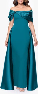 Betsy & Adam Off the Shoulder Cape Detail Gown