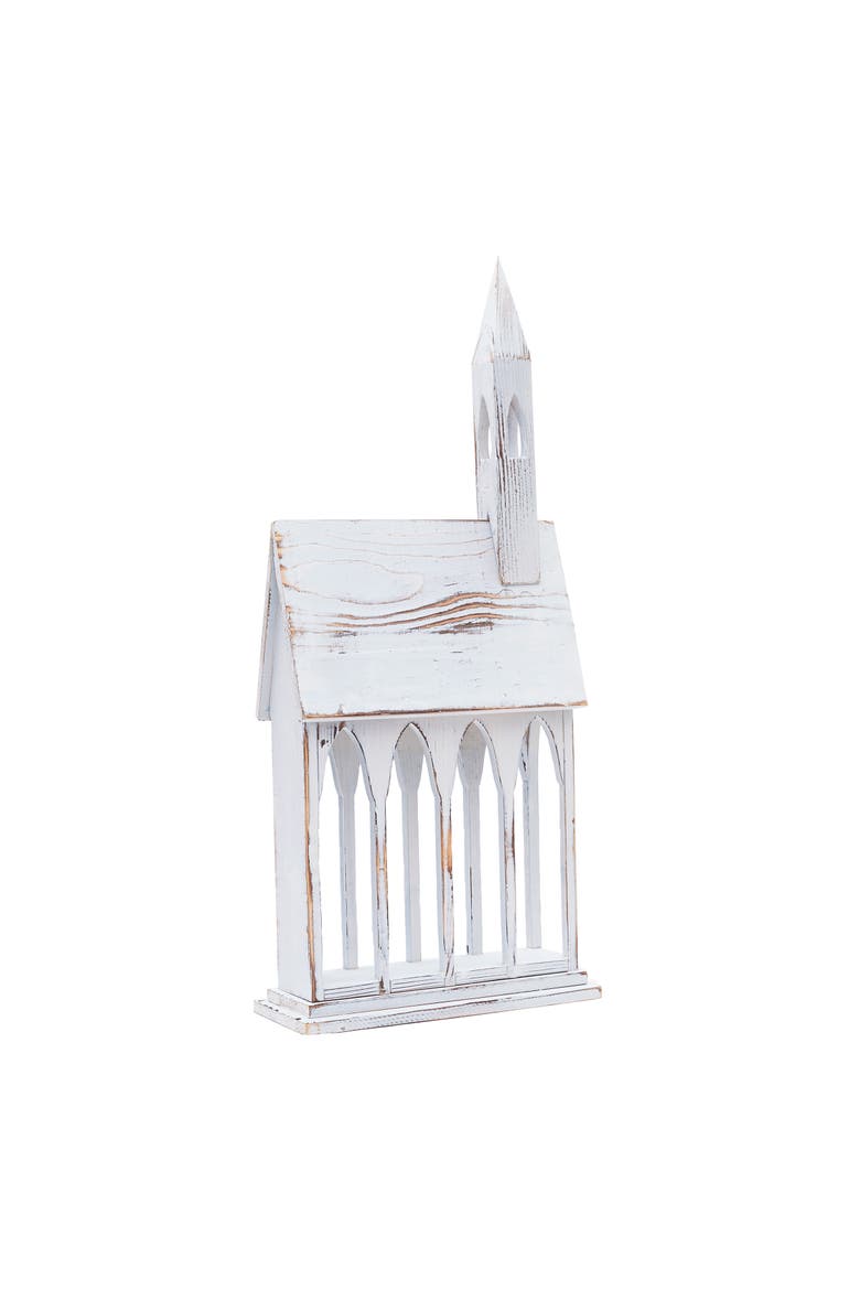 White Church Chapel Large Christmas Card Distressed Wood Mail Holder 11" x 24", Alternate, color, Off-White