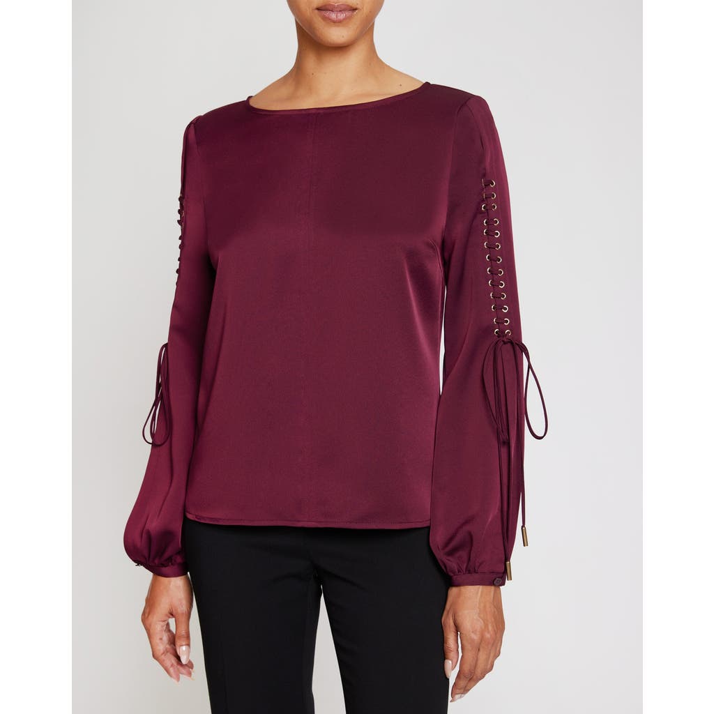 Santorelli Livi Long Sleeve Top With Grommet Detail In Fluid Crepe In Purple