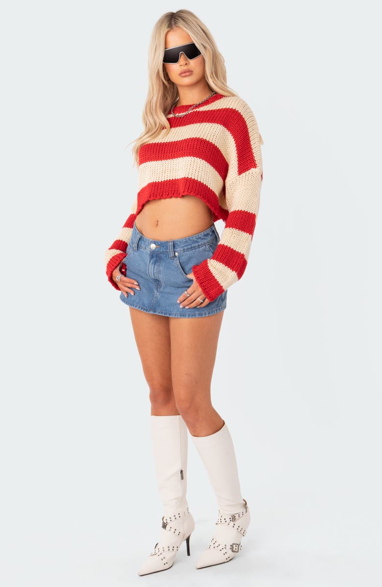 EDIKTED Ozzy Stripe Crop Sweater, Alternate, color, Red