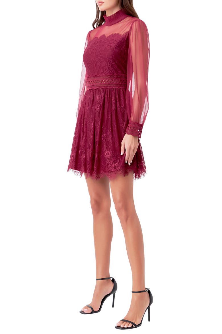 Mixed Lace Long Sleeve Cocktail Dress, Alternate, color, MAROON