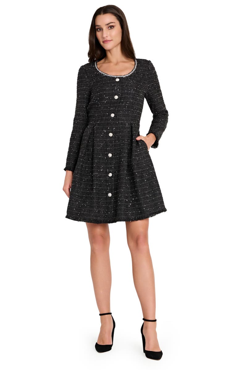 Tahari ASL Metallic Tweed Long Sleeve Dress, Alternate, color, Black