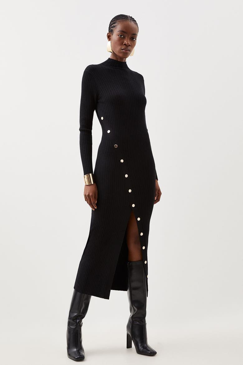 Viscose Popper Split Knit Midi Dress, Main, color, Black