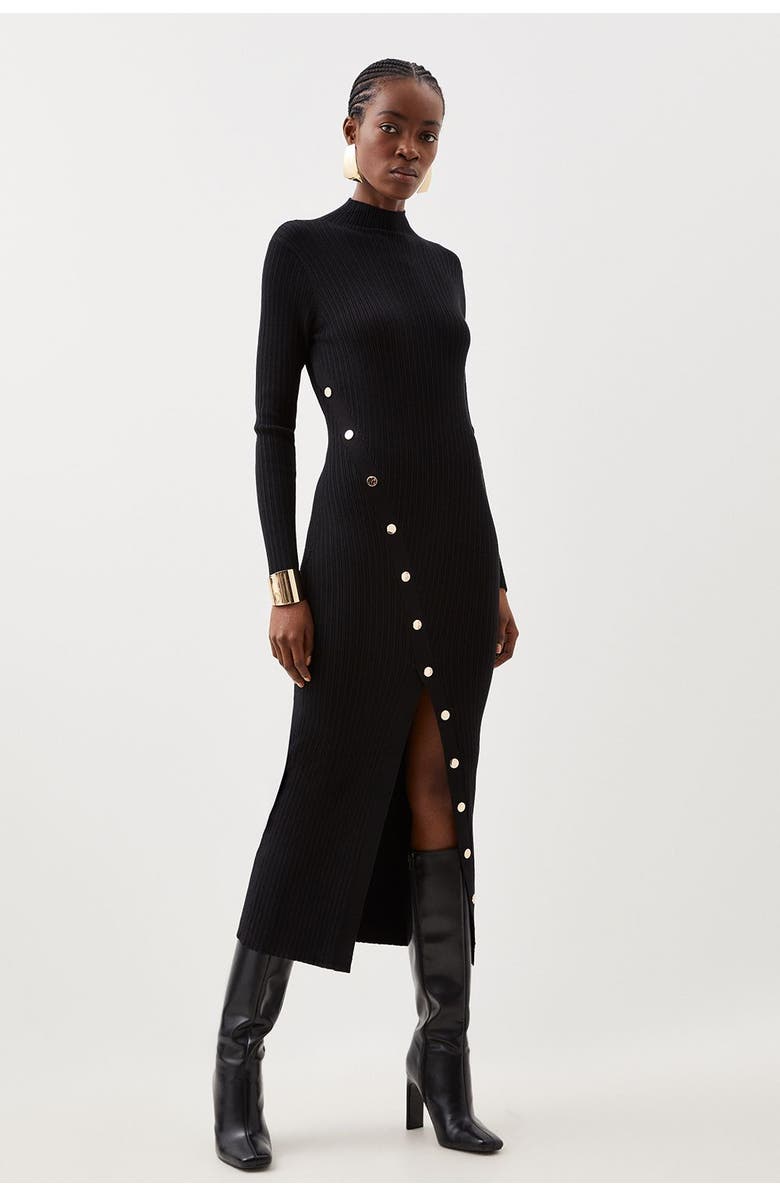 Karen Millen Viscose Popper Split Knit Midi Dress, Main, color, Black