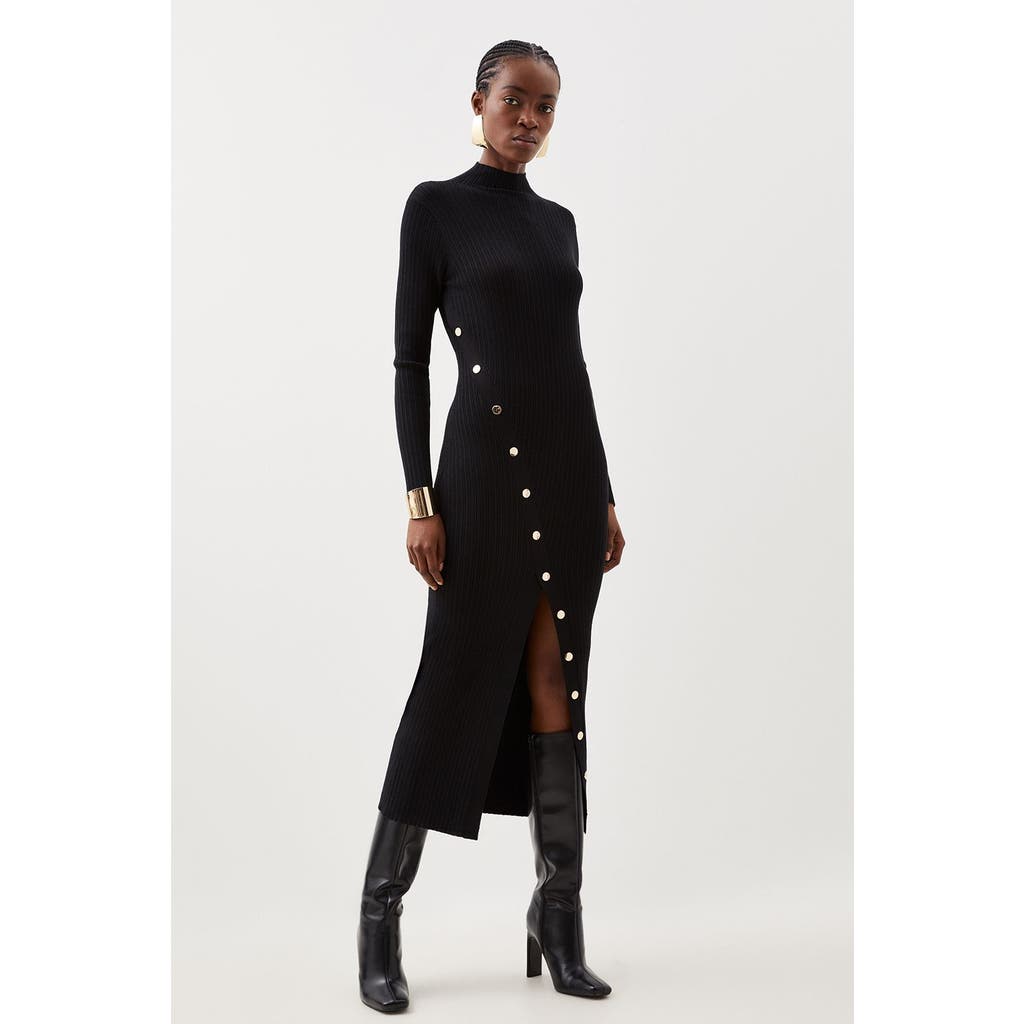 Karen Millen Viscose Popper Split Knit Midi Dress In Black