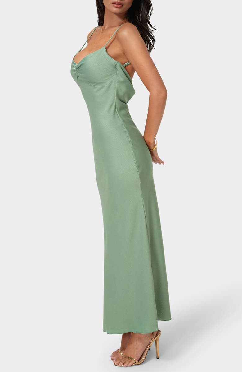 bebe Draped Back Crepe Maxi Slipdress, Alternate, color, Sage