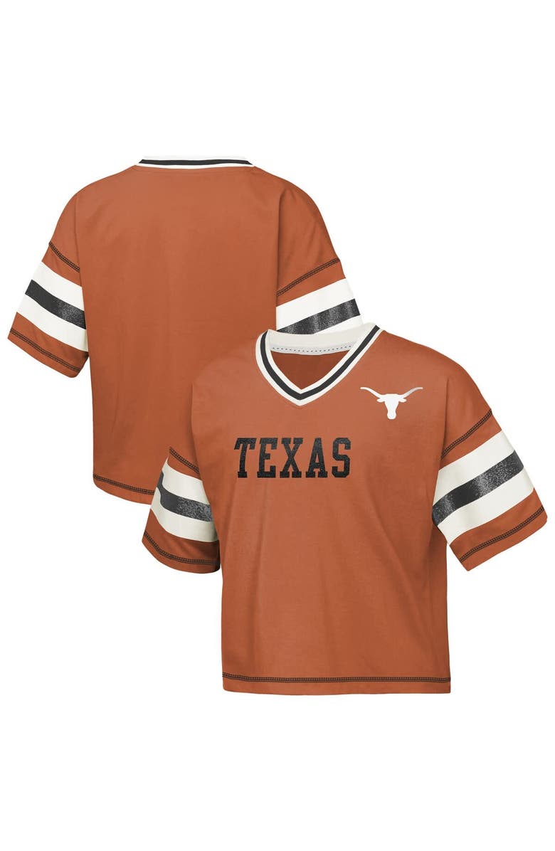 Outerstuff Girls Youth Outerstuff Texas Orange Texas Longhorns Gridiron Jersey V-Neck T-Shirt, Main, color, Burnt Orange