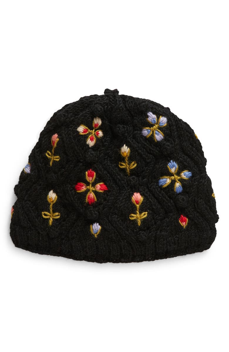 FRENCH KNOT Tilly Floral Embroidered Wool Knit Hat, Main, color, Black