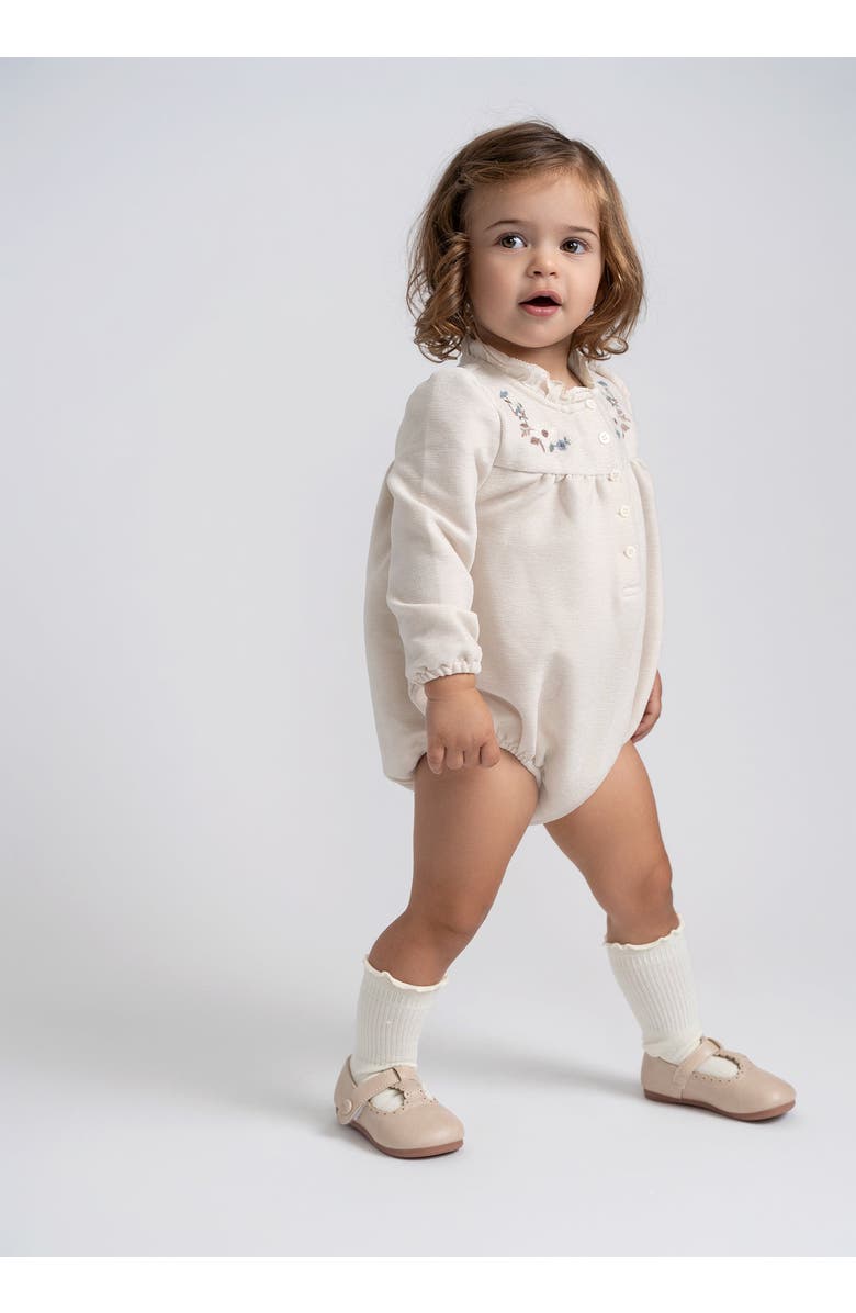 The Umbrella Academy Girl Velvet Floral Embroidered Ruffle Neck Romper, Alternate, color, Taupe