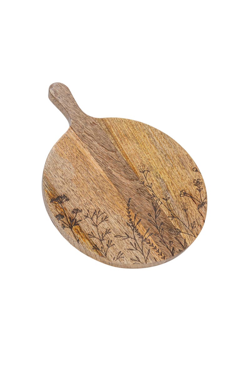 Mango Wood Cheese Board with Laser Etched Flowers, Natural, Main, color, Natural
