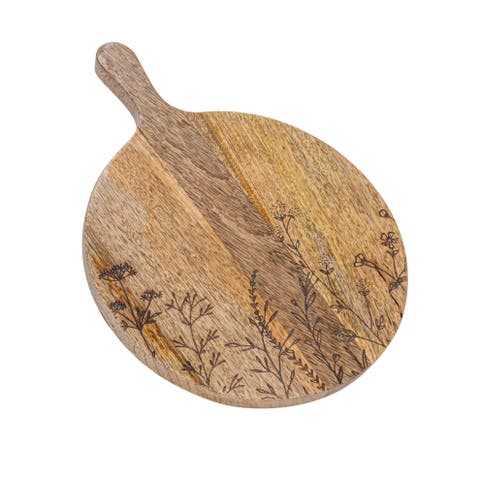 Mango Wood Cheese Board with Laser Etched Flowers, Natural