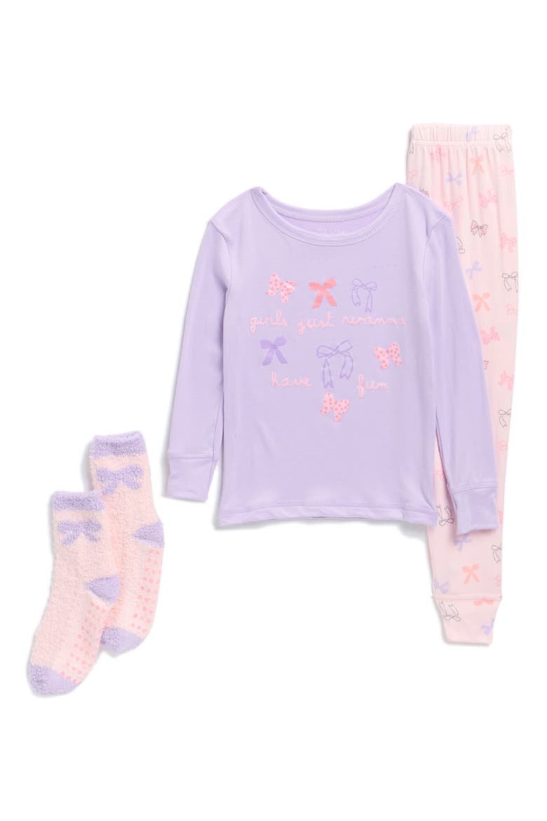 Kids' Snuggle Up 3-Piece Pajamas, Main, color, PURPLE BOWS