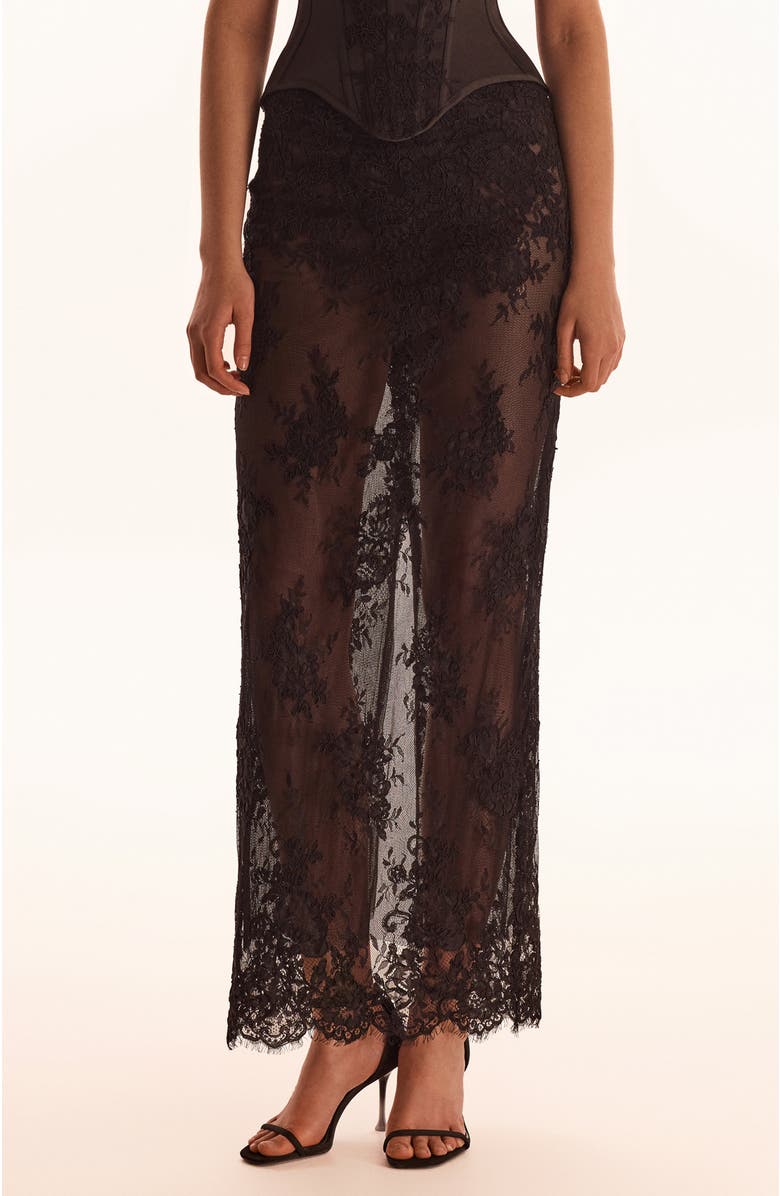 Milla Semi-Sheer Lace Evening Occasion Maxi Skirt, Main, color, Black