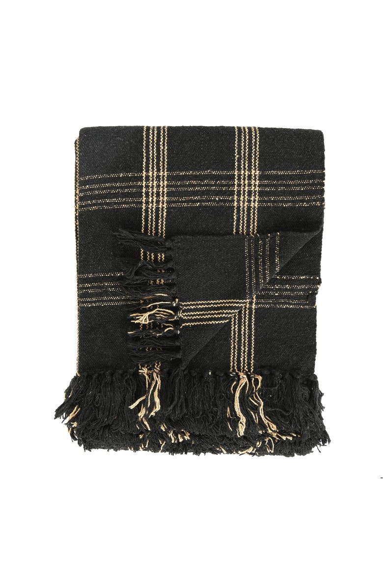 Soft Woven Reclaimed Cotton Blend Throw with Fringe, Black and Tan Plaid, Alternate, color, Black