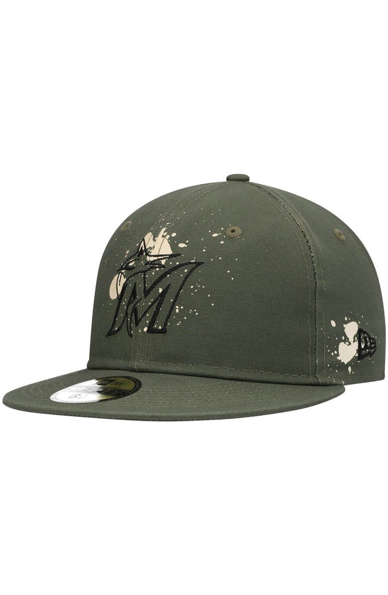 New Era Men's New Era Olive Miami Marlins Splatter 59FIFTY Fitted Hat, Alternate, color, 