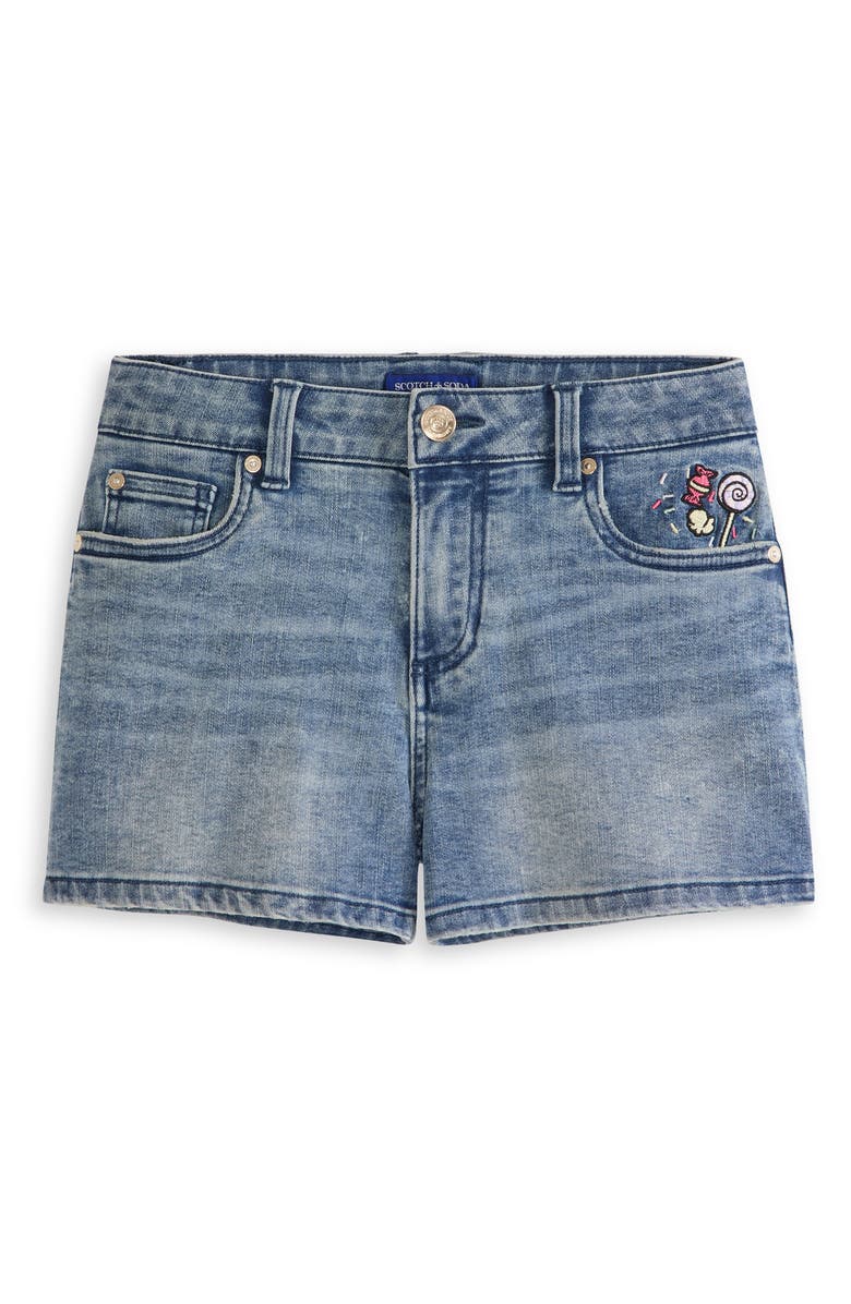 Scotch & Soda Kids' Embroidered Denim Shorts, Main, color, Medium Wash