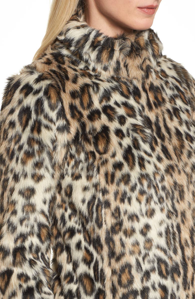 DOROTHY PERKINS Leopard Print Faux Fur Funnel Coat, Alternate, color, 