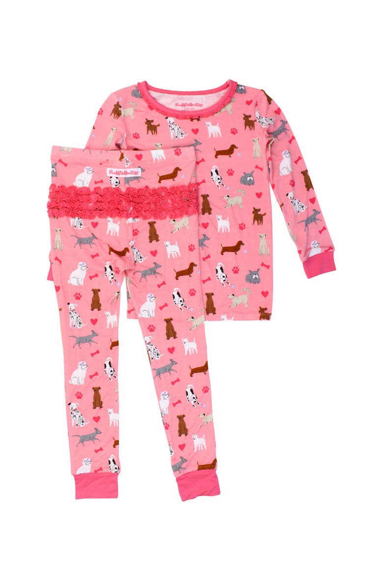 SoftSnooze Toddler Girls Ruffle Long Sleeve Pajama Set, Main, color, Pink Puppy Playtime