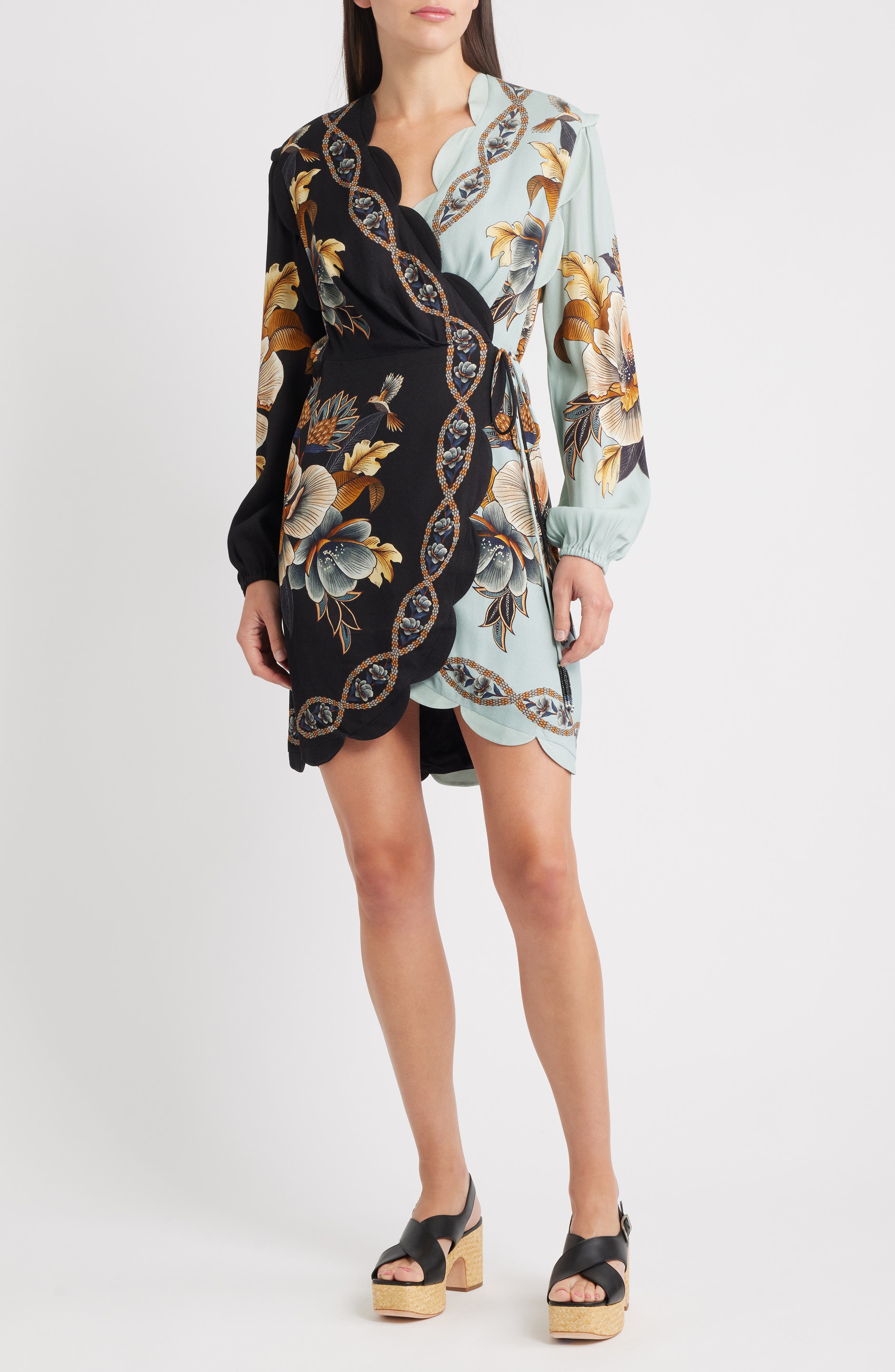FARM Rio Snake Garden Mix Print Long Sleeve Wrap Dress