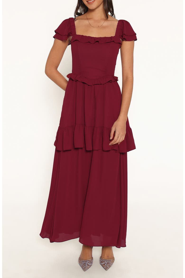 Delavine Ruffled Maxi Dress, Main, color, BURGUNDY