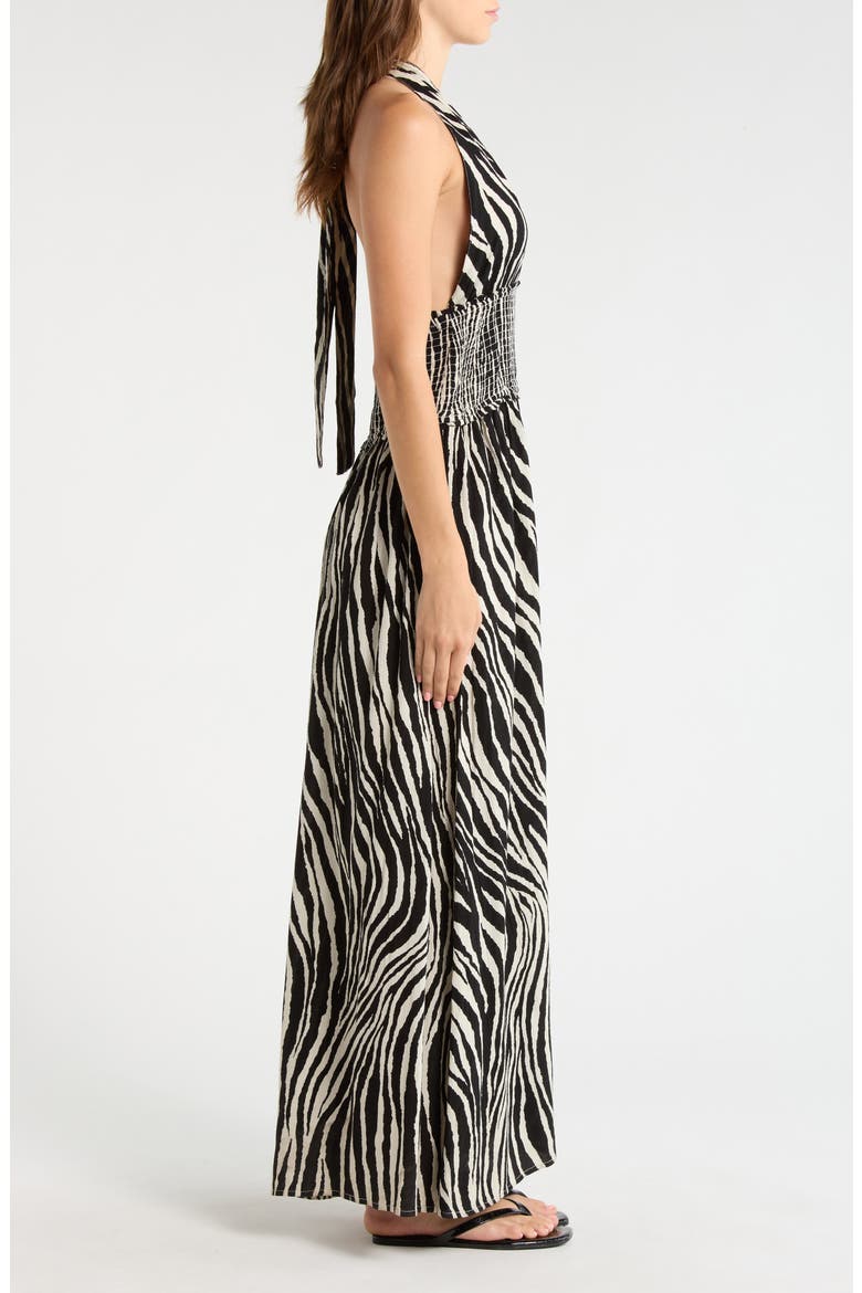 Halter Smocked Waist Maxi Cover-Up Dress, Alternate, color, BLACK ZEBRA