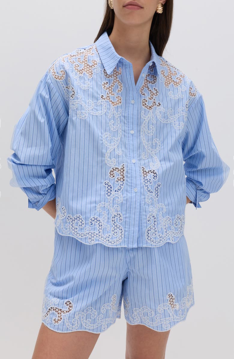 M&S Stripe Embroidered Button-Up Shirt, Alternate, color, Blue/ Multi