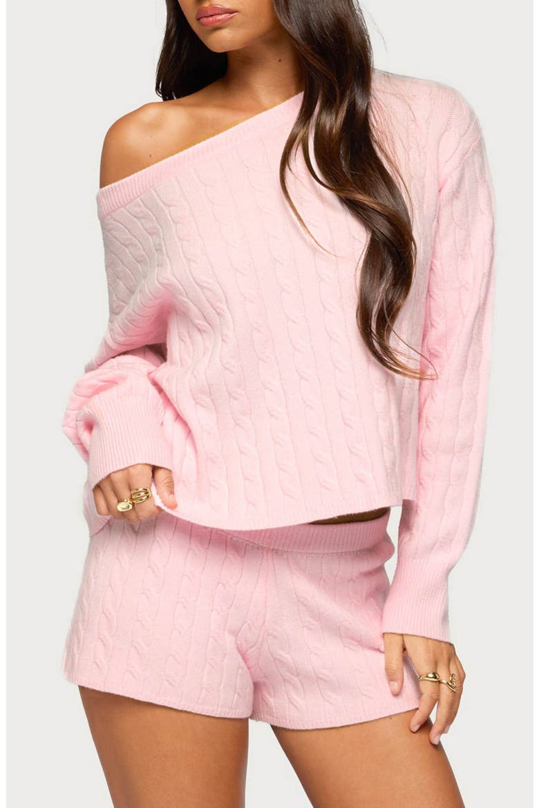 Coralee Off the Shoulder Cable Knit Sweater, Main, color, LIGHT-PINK