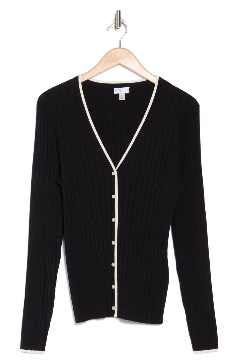 NORDSTROM RACK Tipped V-Neck Ribbed Cardigan, Alternate, color, Black- Ivory Tipping