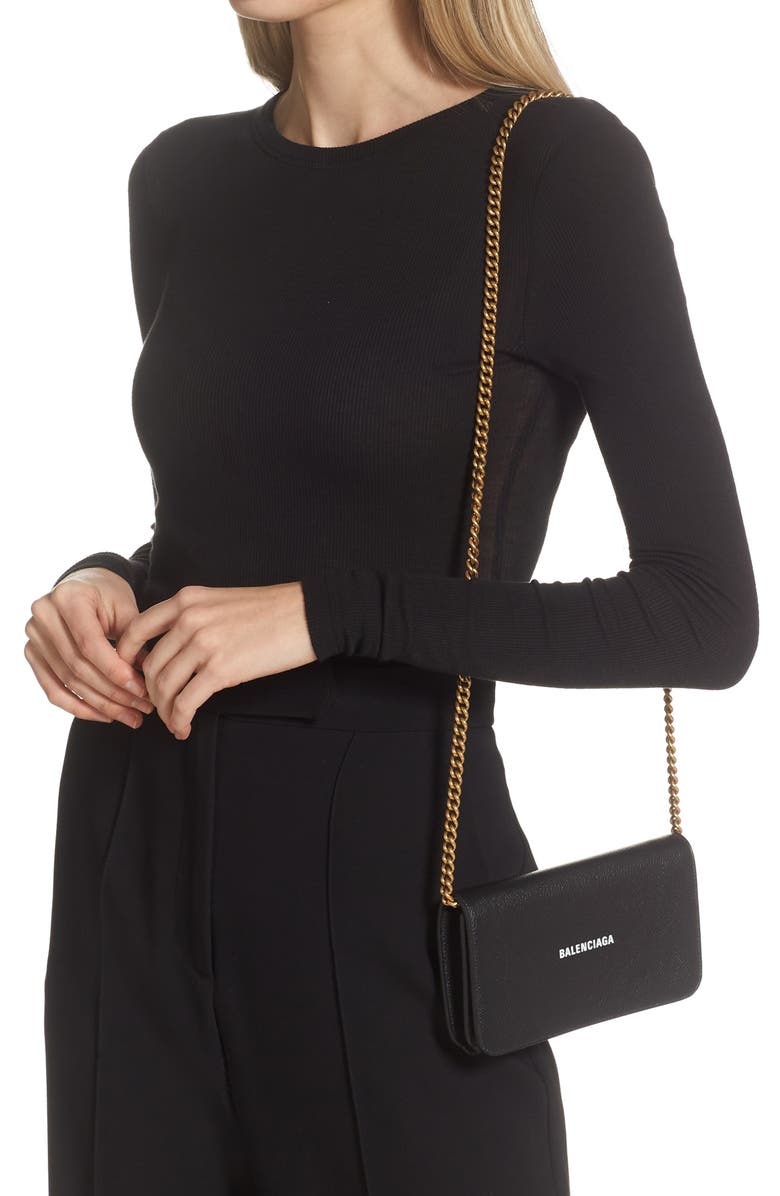 Balenciaga Everyday Calfskin Leather Wallet on a Chain, Alternate, color, 