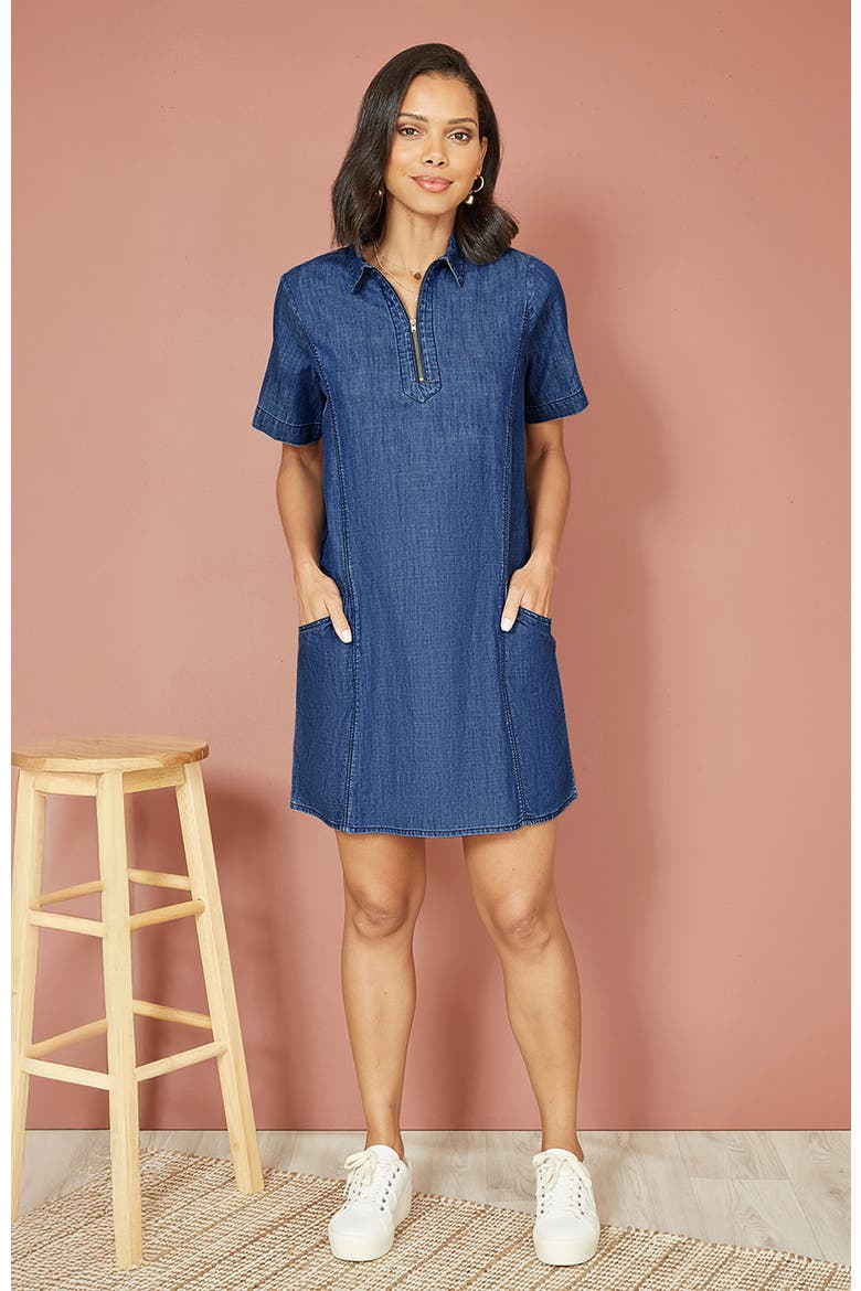 Cotton Chambray Zip Neckline Dress, Alternate, color, Blue
