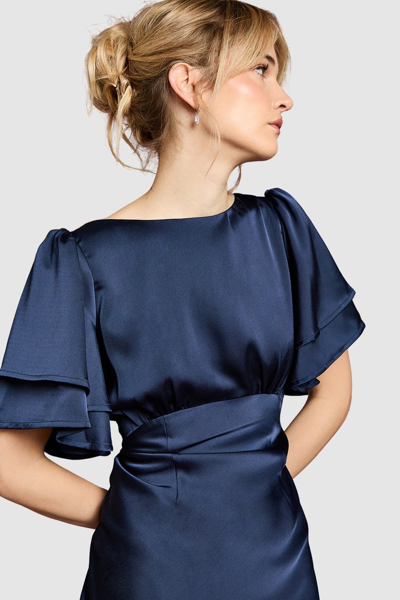 High Neck Crepe Maxi Dress, Alternate, color, Navy