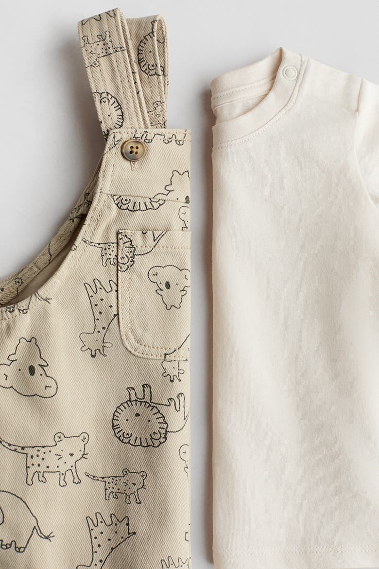 2-piece Dungarees And Top Set, Alternate, color, Light beige/animals