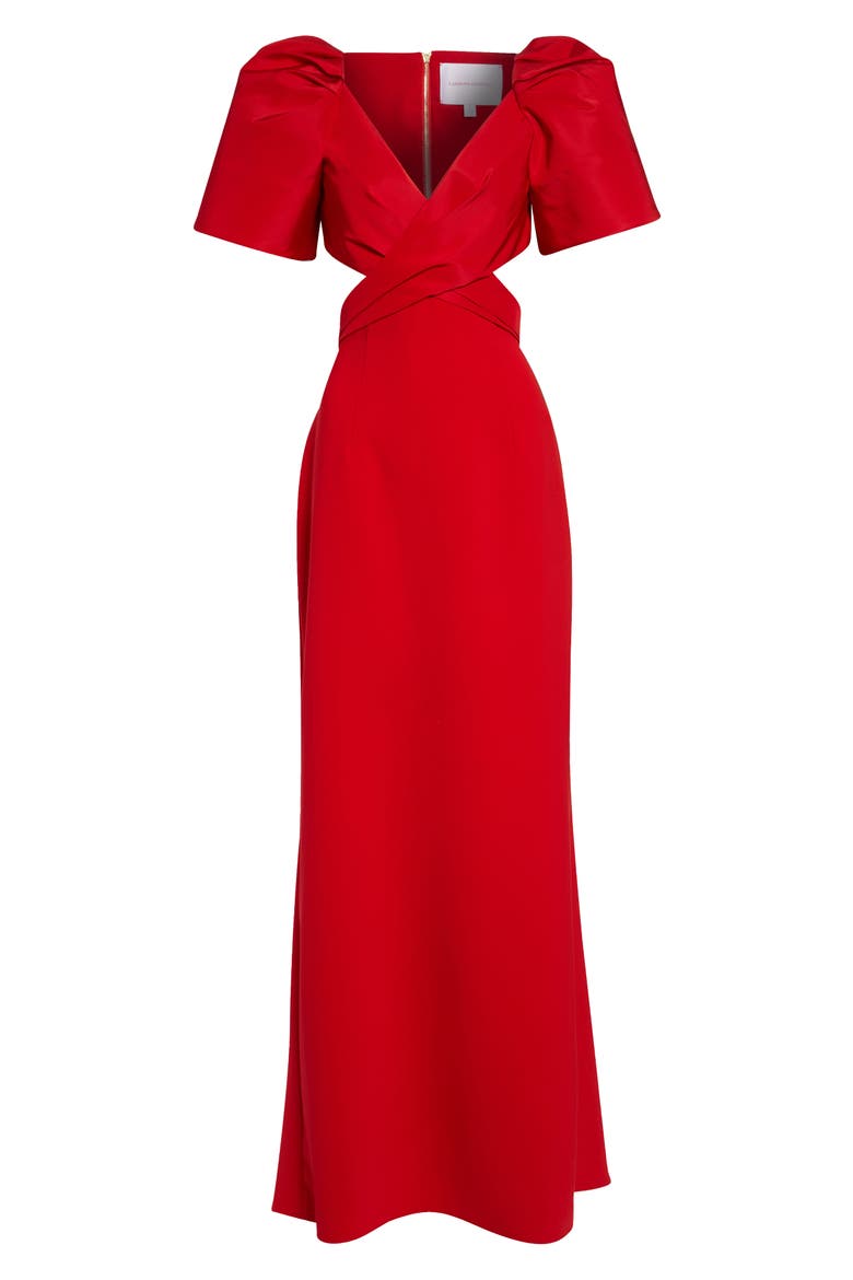 Bell Sleeve Crossover Faille & Crepe Gown, Alternate, color, HERRERA RED