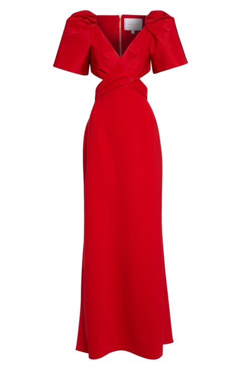 Bell Sleeve Crossover Faille & Crepe Gown