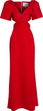 Carolina Herrera Bell Sleeve Crossover Faille & Crepe Gown