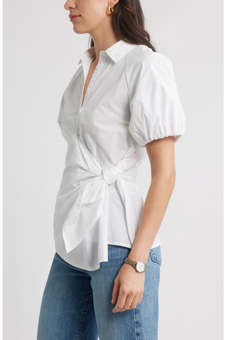 Tie Detail Balloon Sleeve Button-Up Shirt, Alternate, color, WHITE