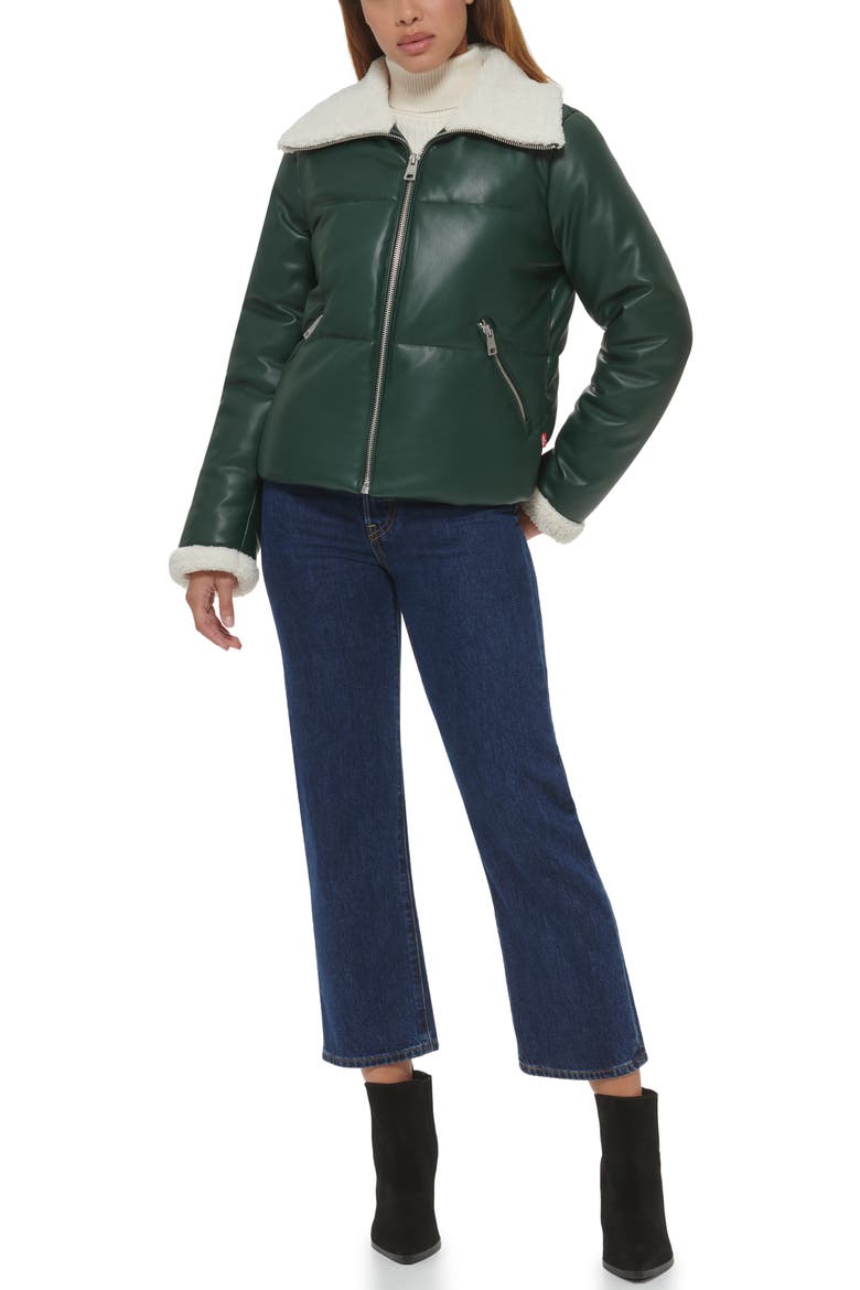 Faux Leather Quilted Puffer Jacket, Alternate, color, PINE