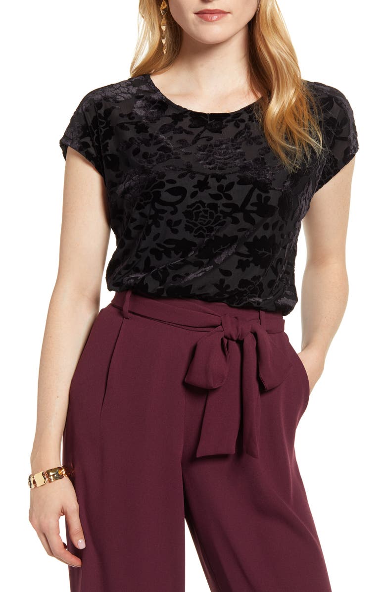 Halogen<sup>®</sup> Flocked Cap Sleeve Top, Main, color, 