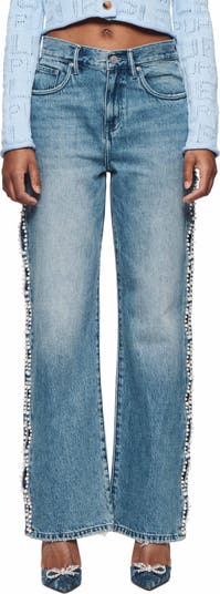 Cutout Imitation Pearl Wide Leg Jeans