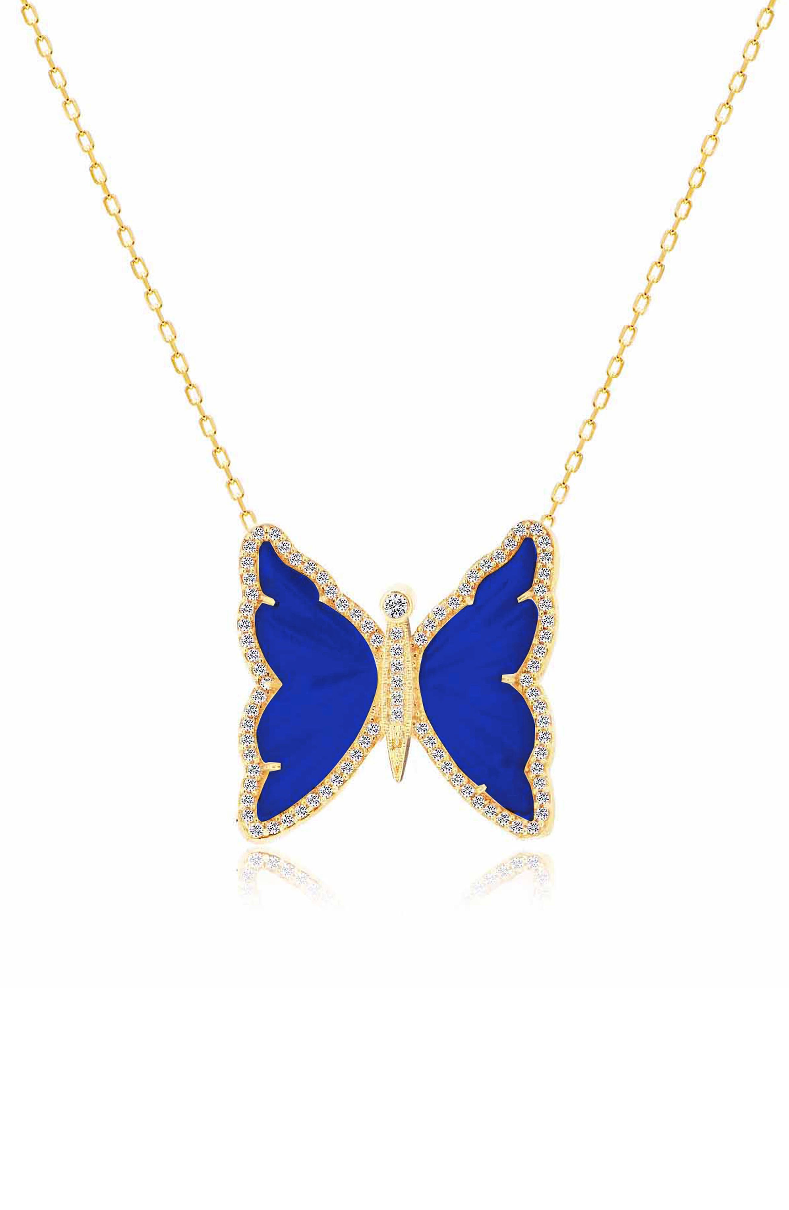 GABI RIELLE 14K Gold Plate Sterling Silver Lapis & CZ Butterfly Pendant Necklace