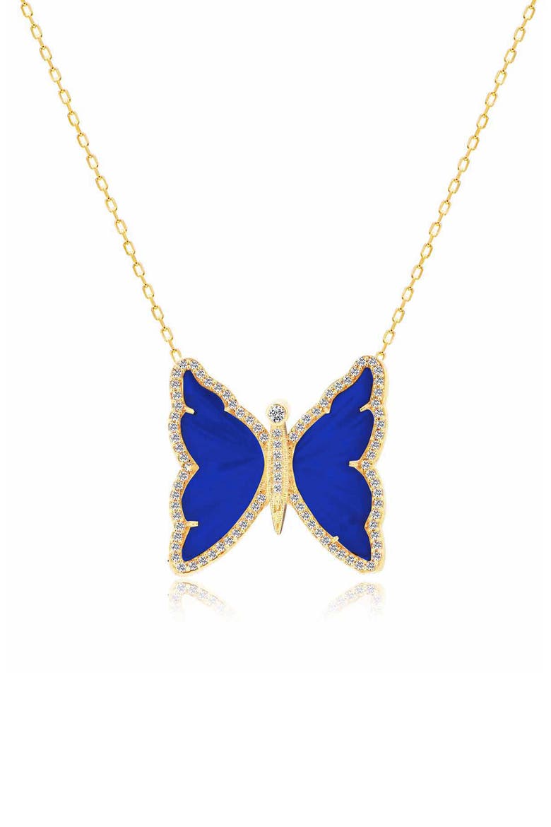 14K Gold Plate Sterling Silver Lapis & CZ Butterfly Pendant Necklace, Main, color, GOLD