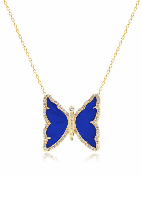 14K Gold Plate Sterling Silver Lapis & CZ Butterfly Pendant Necklace
