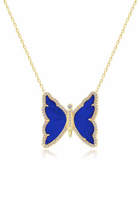 GABI RIELLE 14K Gold Plate Sterling Silver Lapis & CZ Butterfly Pendant Necklace