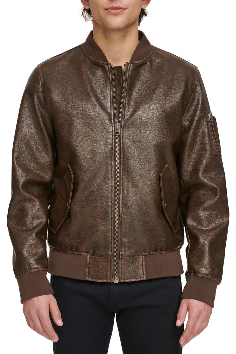 Varsity Faux Leather Bomber Jacket, Main, color, GRAINY COW BROWN