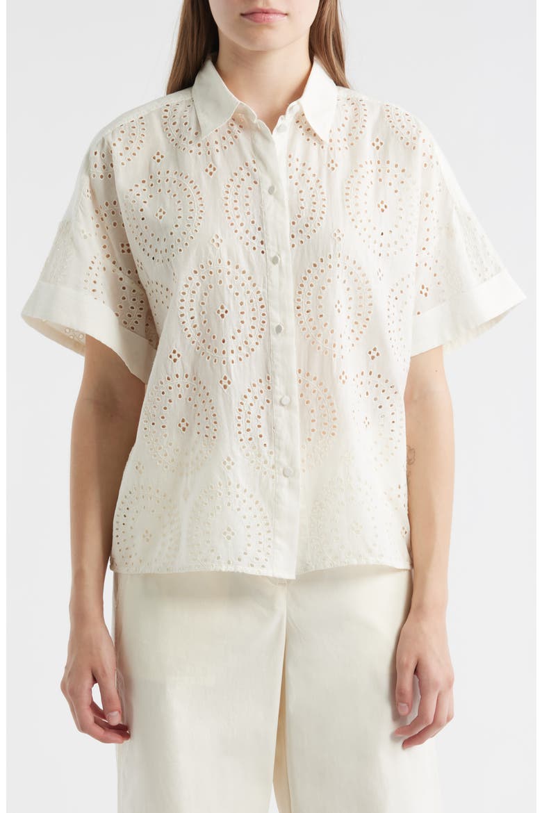 Bisenas Embroidered Eyelet Button-Up Shirt, Main, color, OPEN WHT