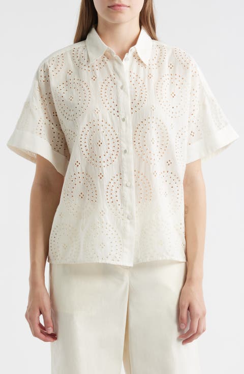 Bisenas Embroidered Eyelet Button-Up Shirt
