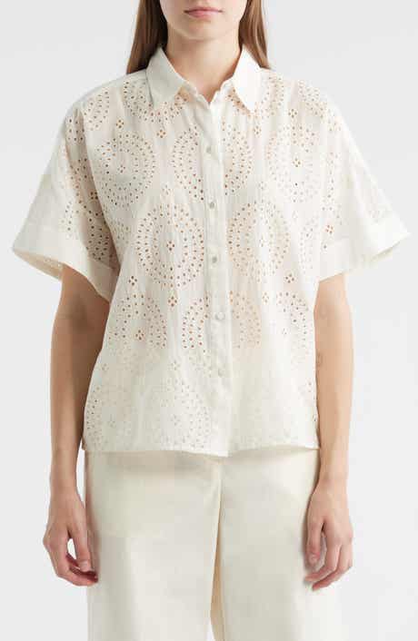 Bisenas Embroidered Eyelet Button-Up Shirt